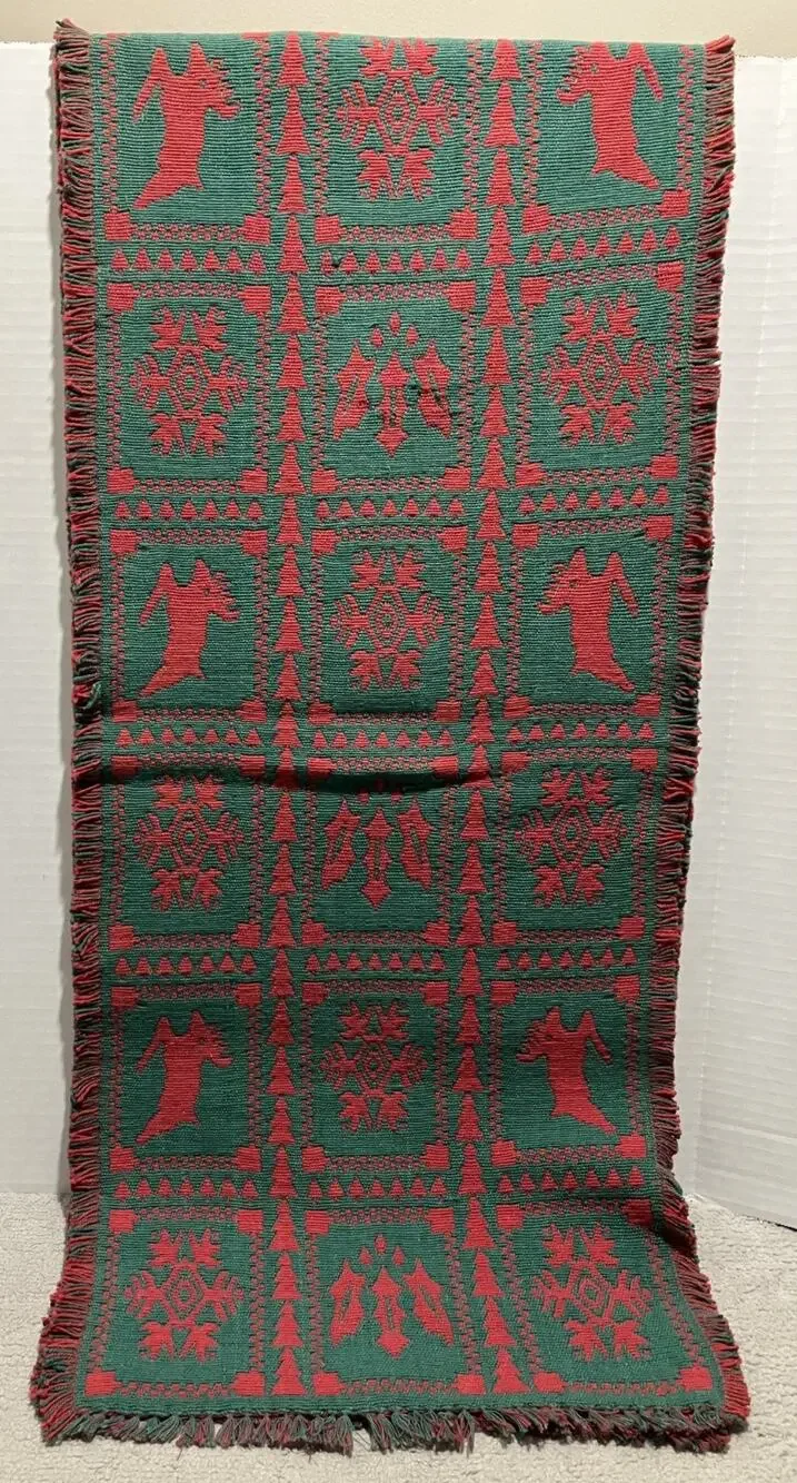 Christmas Tapestry Red Green Woven Table Runner 15x70 Reindeer Snowflake Vintage